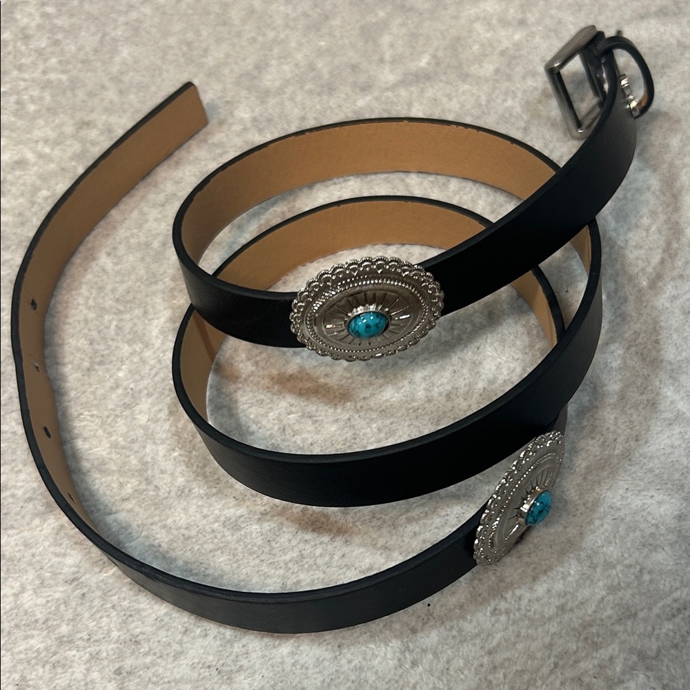 Vintage Black Leather Belt with Silver and Turquoise Conchos